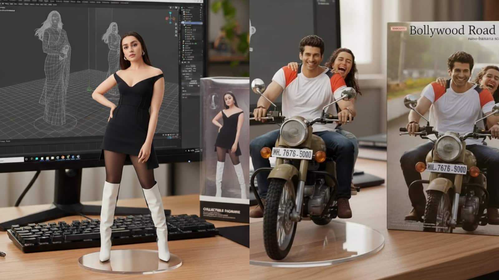 Shraddha Kapoor Shraddha Kapoor's first AI model shows her in an elegant black dress. Another image features her on a bike, sitting at the back of Aditya Roy Kapoor from Aashiqui 2.
