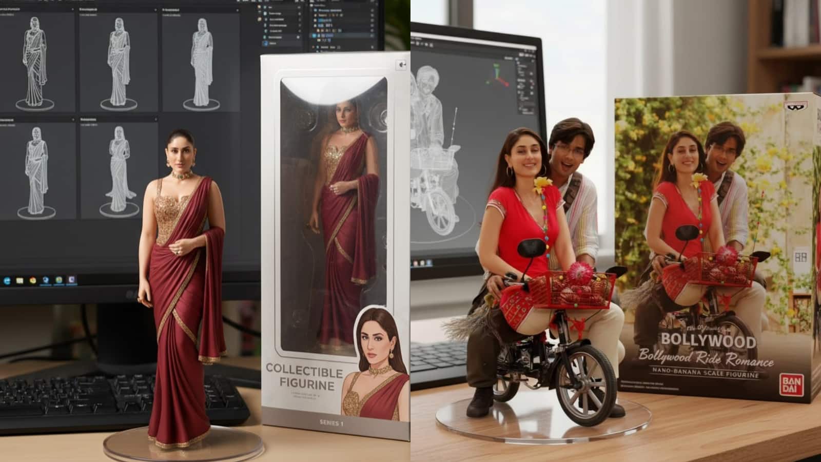Kareena Kapoor Khan Kareena Kapoor Khan’s AI model showcases her in a beautiful red saree. Another image captures her sitting with Shahid Kapoor on a cycle from their super hit love story movie Jab We Met.