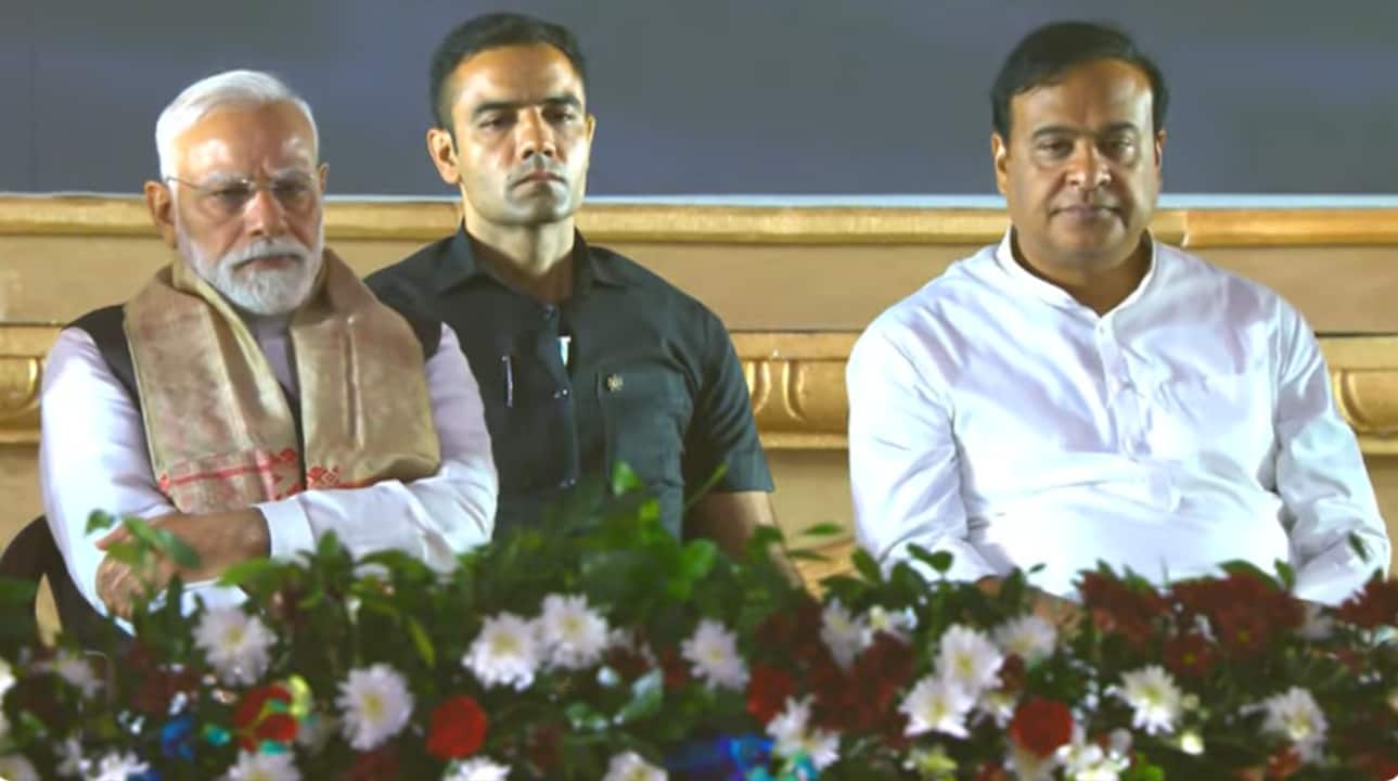 PM Modi with Assam CM Hemanta Biswa Sarma at the 100th birth anniversary celebrations of legendary singer and Bharat Ratna Dr Bhupen Hazarika in Guwahati
