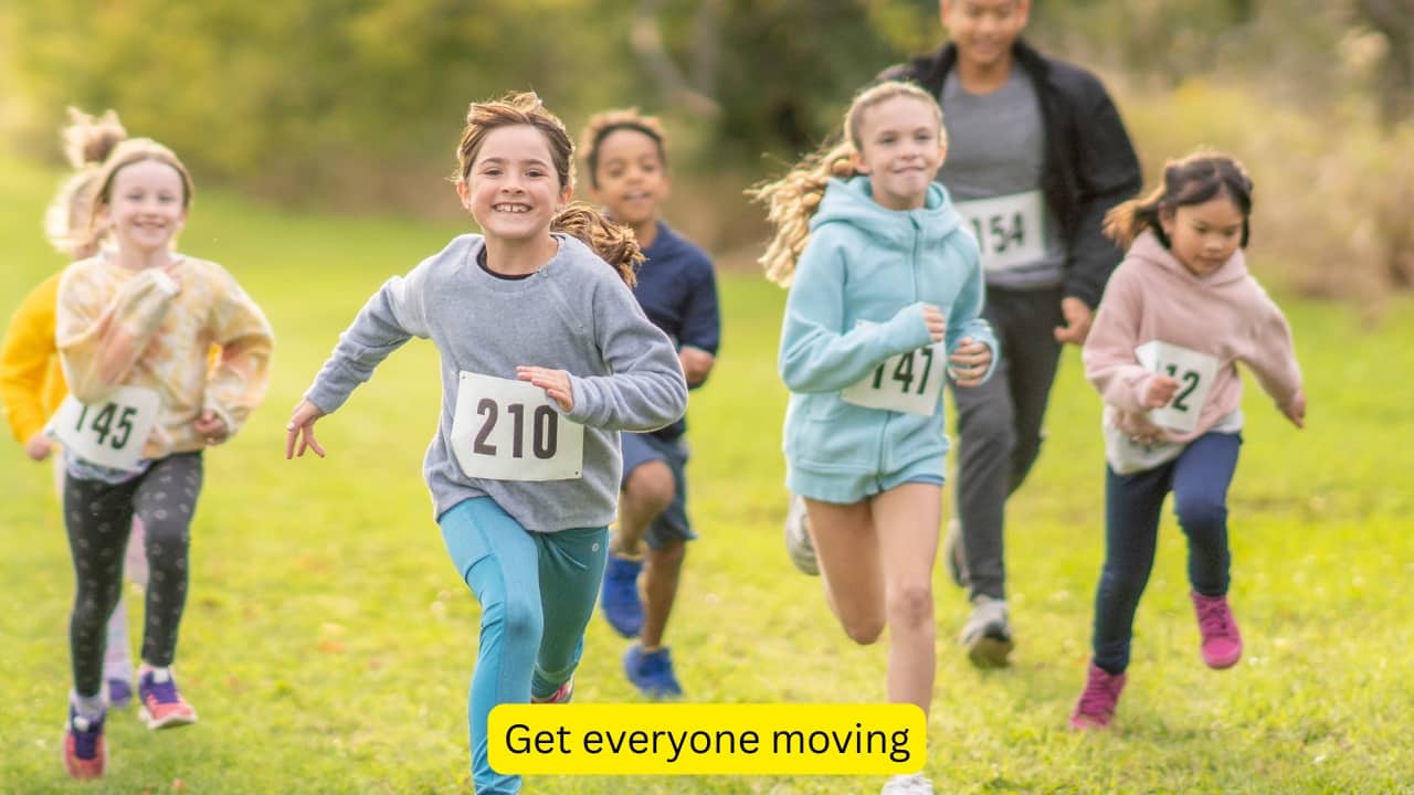 Get everyone moving Children need at least 60 minutes of activity each day — but that doesn’t mean it has to be all at once or in a gym. Dancing, playing a sport, or walking pets around can be encouraged. Group activities are also a great way to enhance physical movement.  (Image: Canva)