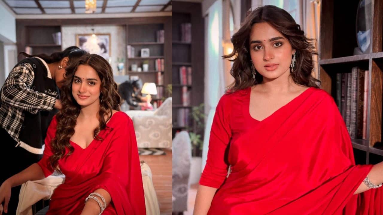 Colour of love In an all-red organza saree, she looks extremely beautiful. Carrying a monochrome colour and that too a bold one, can be tricky, but Ayesha proves that she has quite an eye for fashion. 