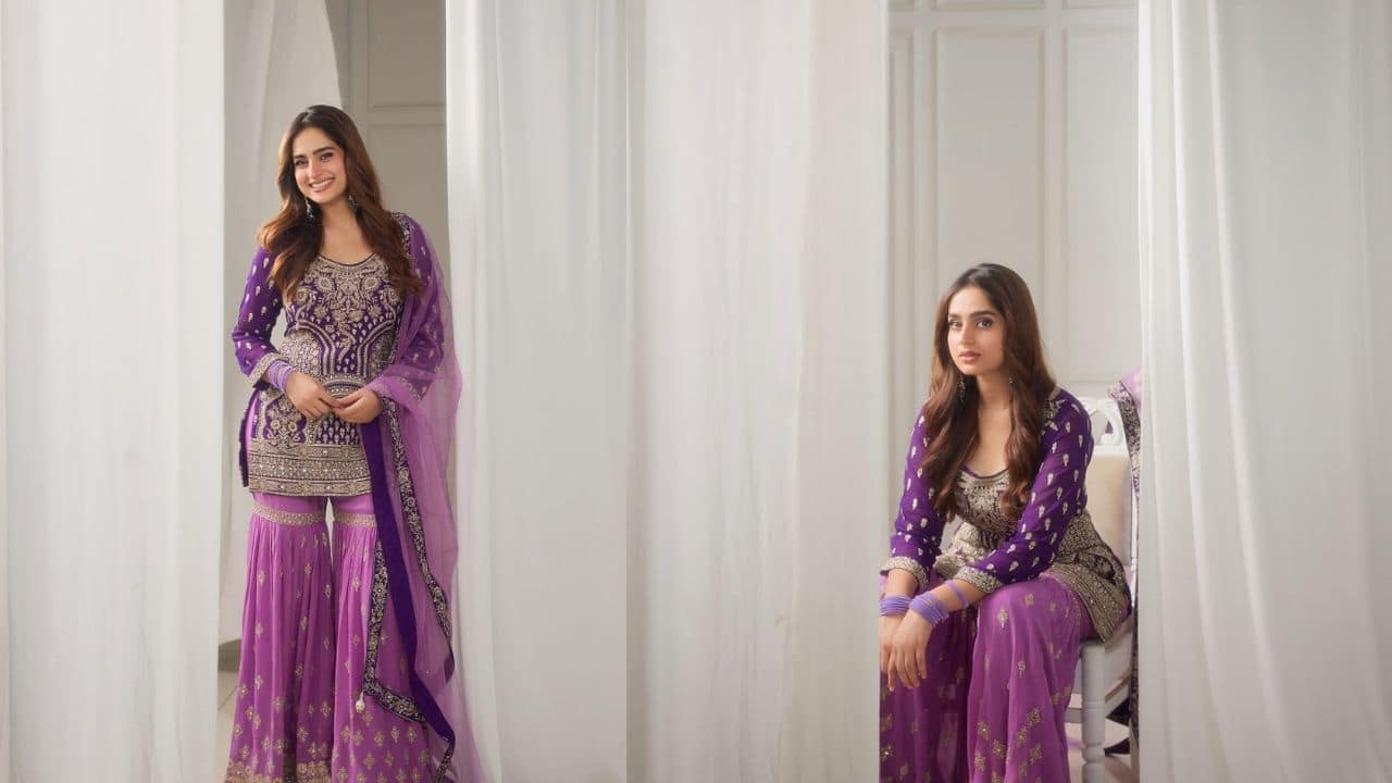 Festive look For an elegant and sophisticated look, she has worn a dreamy white sharara suit adorned with delicate gold thread work. It makes for a perfect festive look with a color that is eye-catching. 