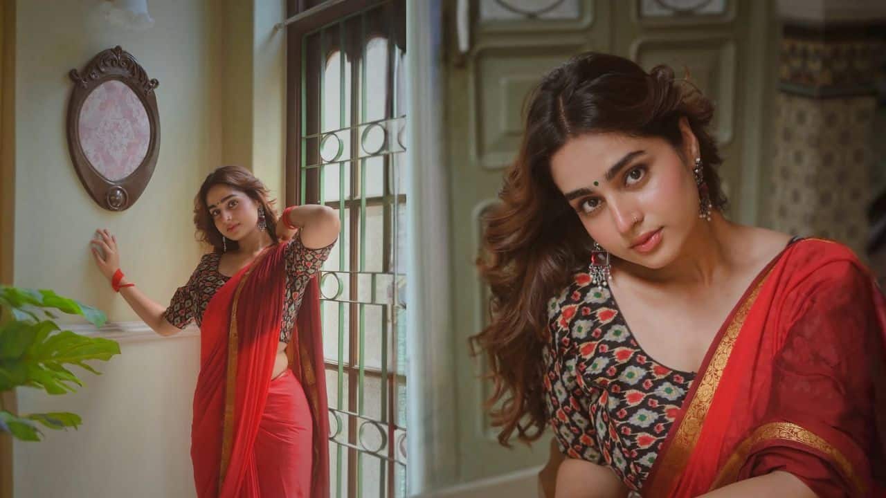 Simple and sassy Ayesha has embraces a combination of a printed blouse with a red saree. It has a thin golden border, and she has matched it with red bangles, chandelier earrings, and a bindi to go with it. 