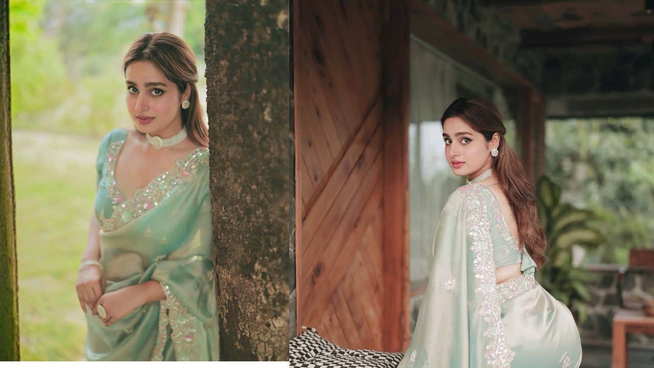 Elegance She projects ethereal elegance in a sheer tissue saree, complemented by a simple pearl choker piece and soft, glowing makeup.
