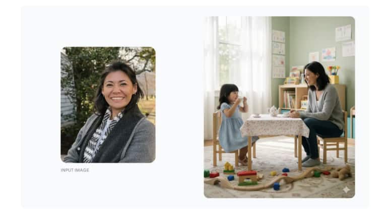 Generate a photo of an adult version of a person having a tea party with their childhood self. Generate a photo of an adult version of a person having a tea party with their childhood self.