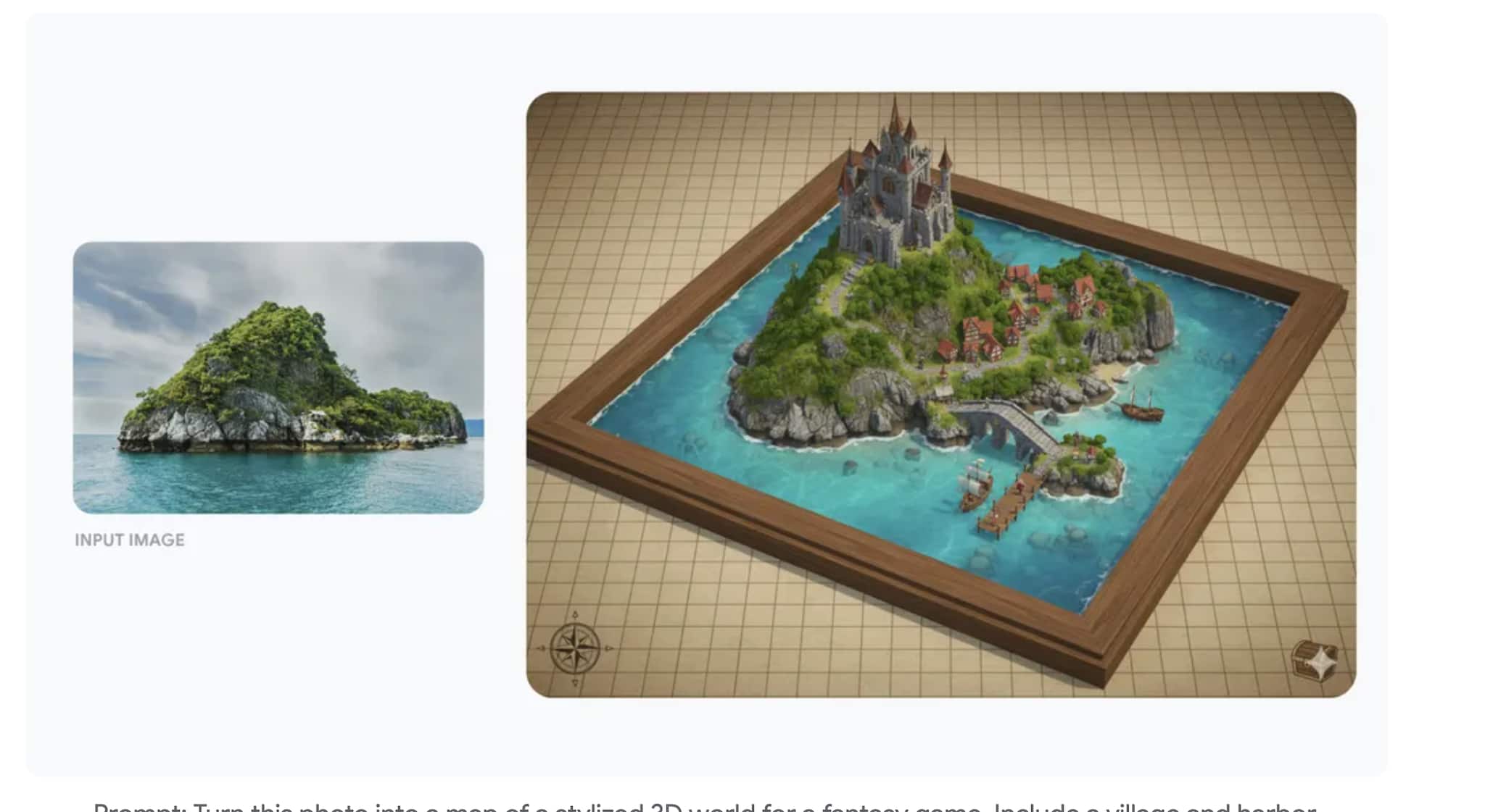 Convert a natural island landscape into a stylized 3D fantasy game map with a harbor and village. Convert a natural island landscape into a stylized 3D fantasy game map with a harbor and village.