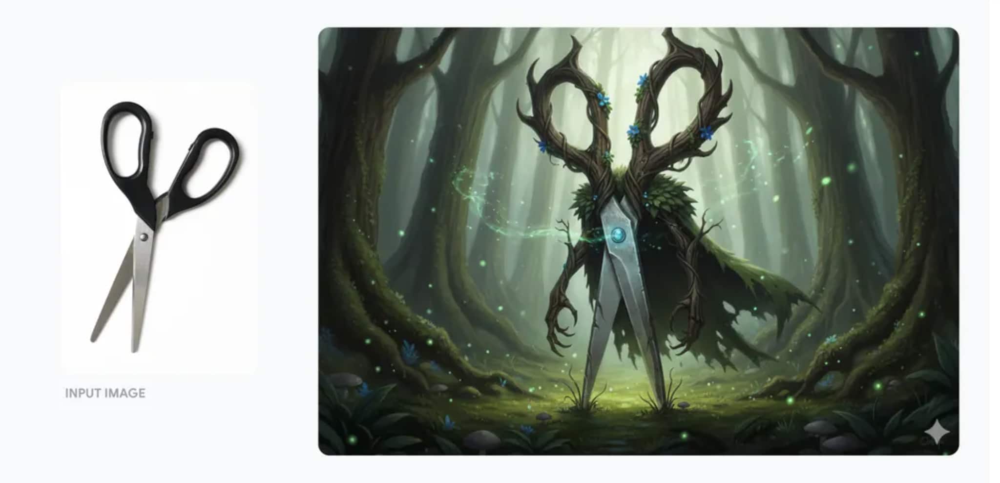 Reimagine a pair of scissors as a fantasy character with wooden handles and a plant-inspired cape. Reimagine a pair of scissors as a fantasy character with wooden handles and a plant-inspired cape.