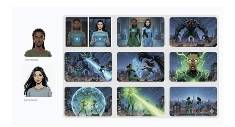 Develop a nine-panel comic story using two cartoon women as superheroes without adding text. Develop a nine-panel comic story using two cartoon women as superheroes without adding text.
