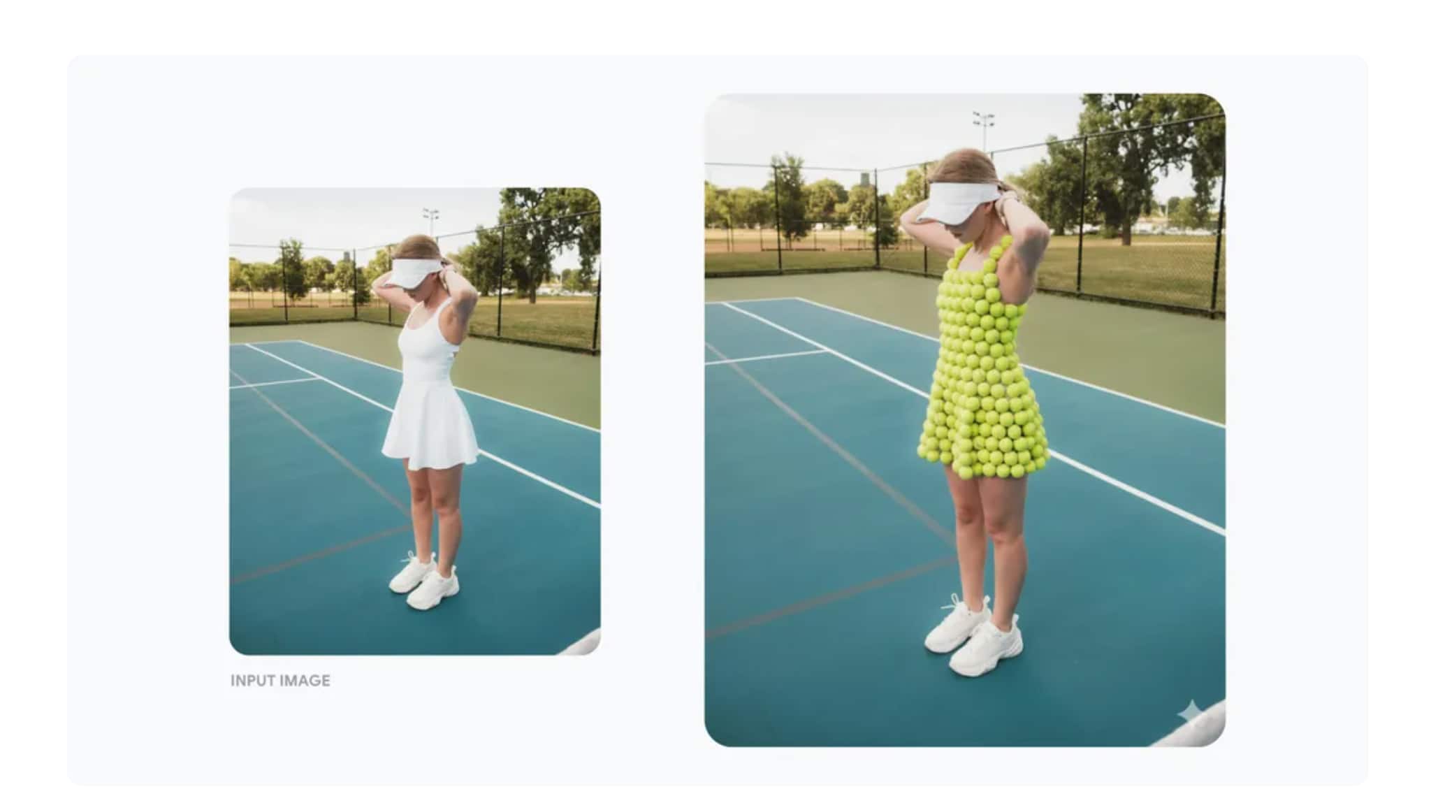 Change a woman’s dress on a tennis court into one made entirely from tennis balls. Change a woman’s dress on a tennis court into one made entirely from tennis balls.