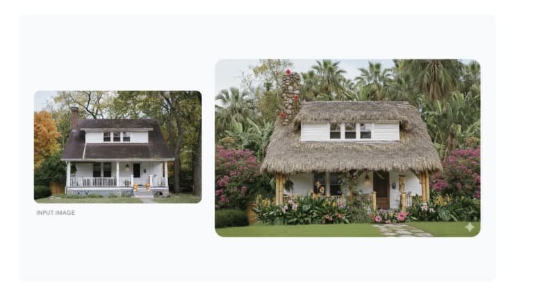 Transform a plain white house into a tropical island-style villa with thatched roof, bamboo columns, and lush greenery. Transform a plain white house into a tropical island-style villa with thatched roof, bamboo columns, and lush greenery.