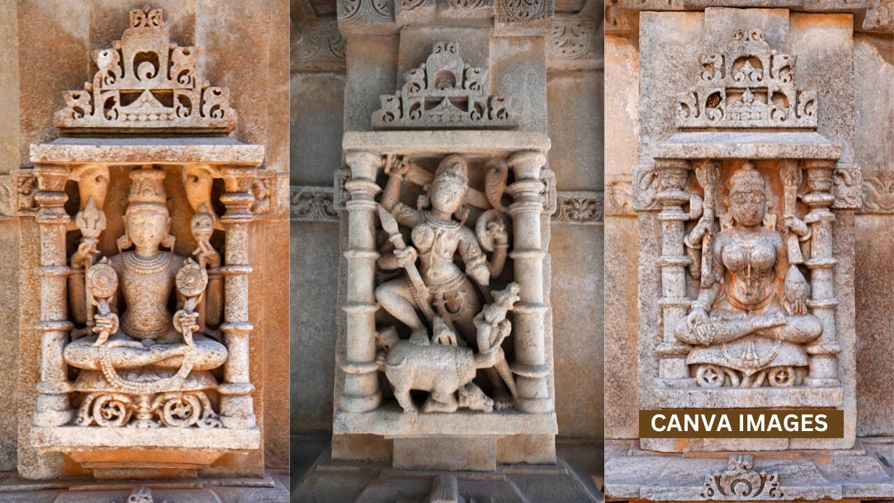 Close-up of intricate carvings on the temple porch and pillars of Sahasra Bahu