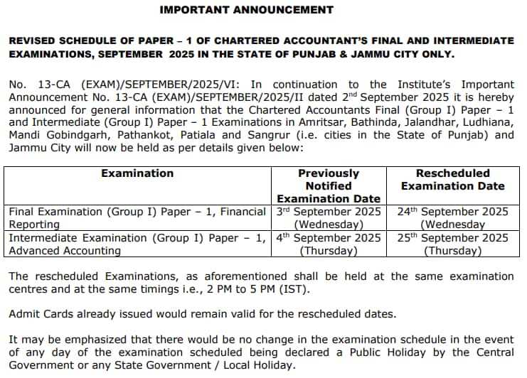 ICAI CA Exam Dates 2025: ICAI announces revised dates for postponed CA Final and Intermediate exams in Punjab and Jammu