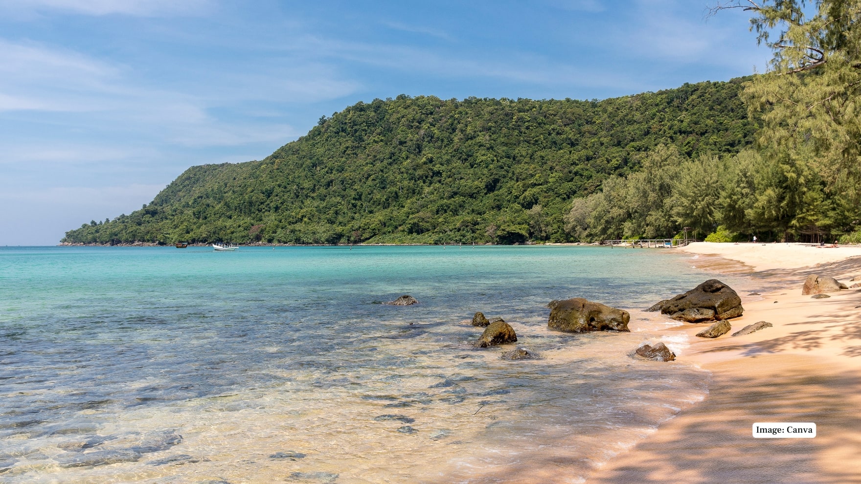 Koh Rong Samloem - Cambodia This serene Island has white sand and crystal turquoise beaches. It has coral reefs and shallow lagoons, which make it ideal for snorkelling, kayaking and sunset walks. (Image: Canva)