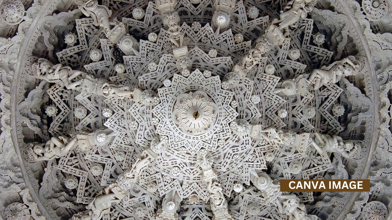 Magnificent marble domes with delicate carvings and symmetrical patterns, reflecting the brilliance of Māru-Gurjara architecture from the 15th century.