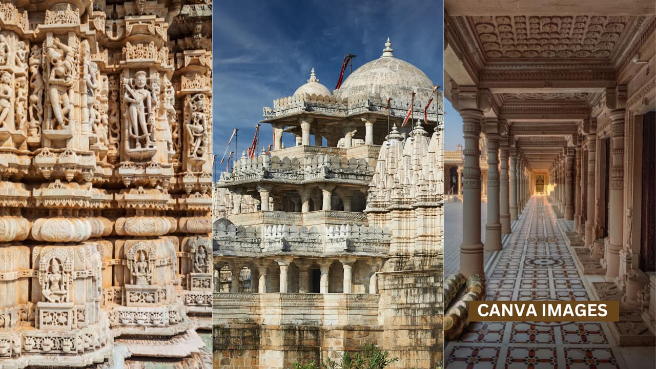 Intricately carved marble pillars inside the Chaumukha temple, each one uniquely detailed, showcasing the unmatched craftsmanship of 15th-century Jain artisans.