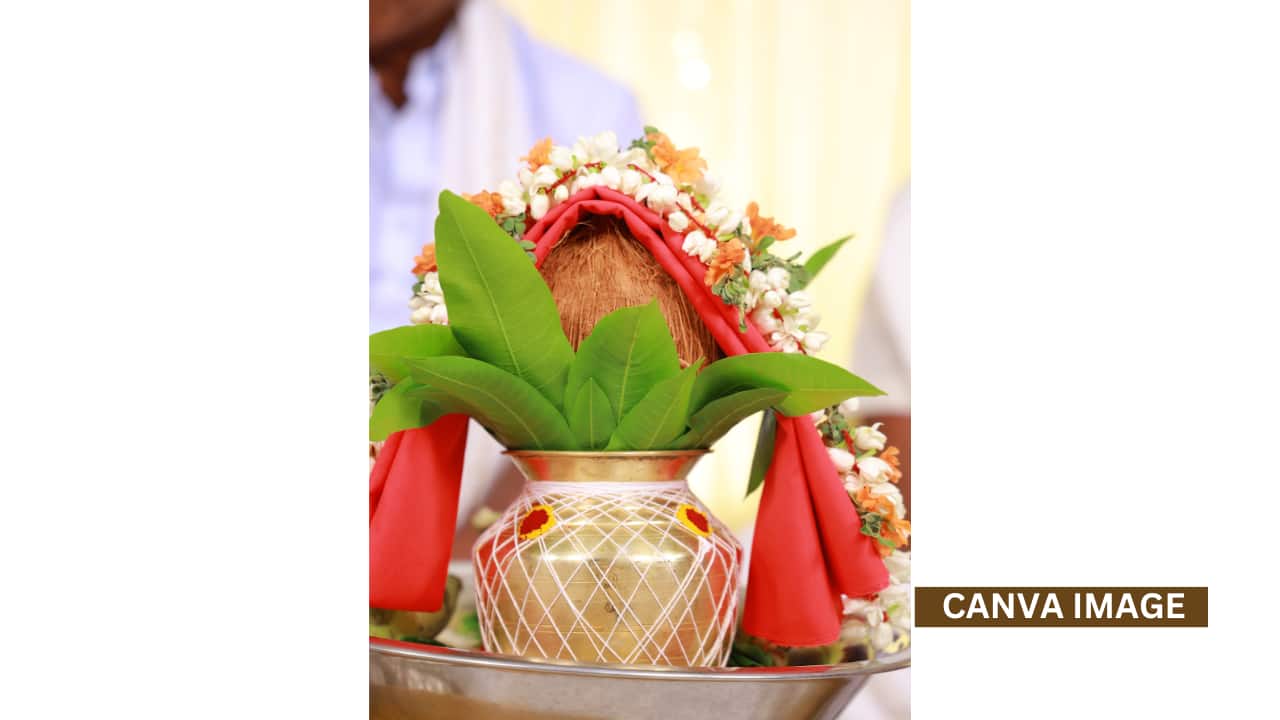 Kalash: Placing a Kalash filled with water, mango leaves, and a coconut invites wealth, peace, and Goddess Durga’s blessings.