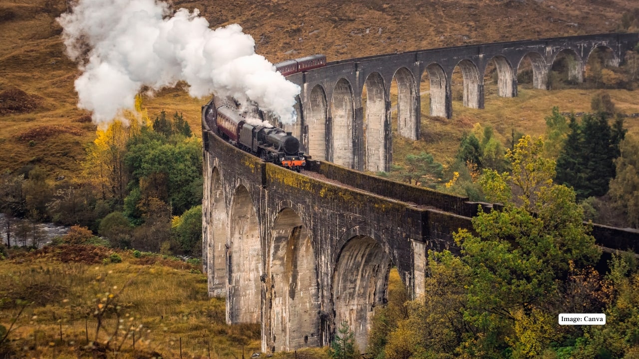 4. West Highland Line, Scotland This is a long-distance running route between Glasgow and Mallaig. There is the renowned Glenfinnan Viaduct that gives the sense of entering a postcard of the beauty of Scotland with a cinematic view of its coastline. (Image: Canva)