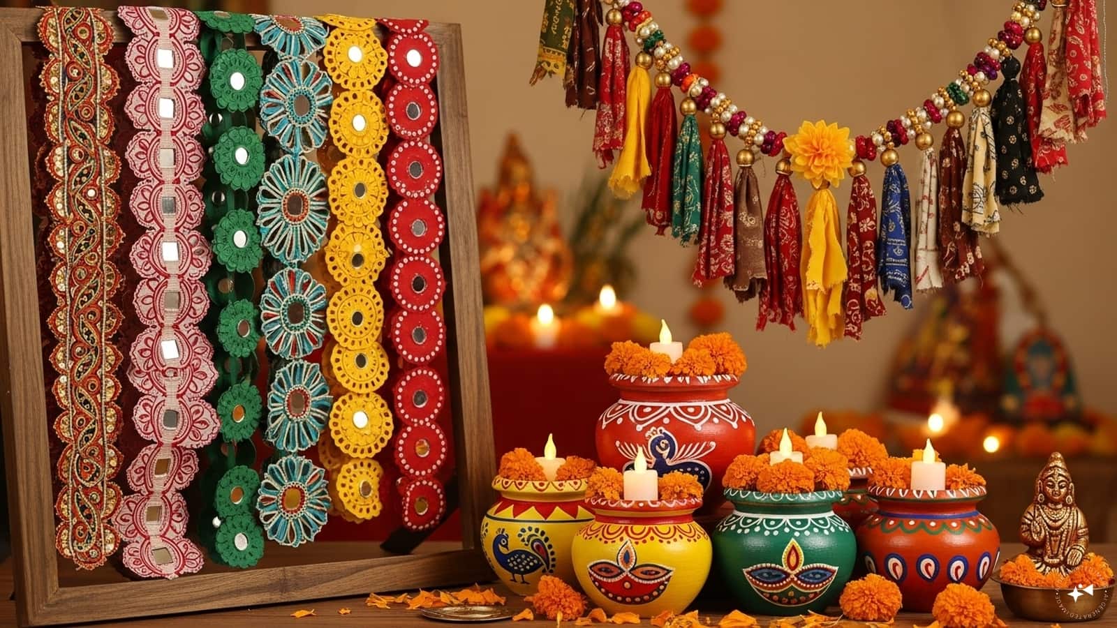 DIY Crafts: Paper garlands, painted pots, and handmade torans add a personal, creative touch to Navratri decorations. (AI generated image)