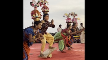 Local artists presenting a dance form during an event at Marina Beach in Chennai on Sunday.