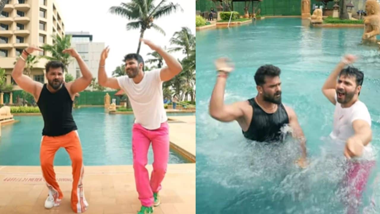 Varun Dhawan and Bhojpuri singer Khesari Lal Yadav groove to Panwadi song; end up falling in a swimming pool: watch