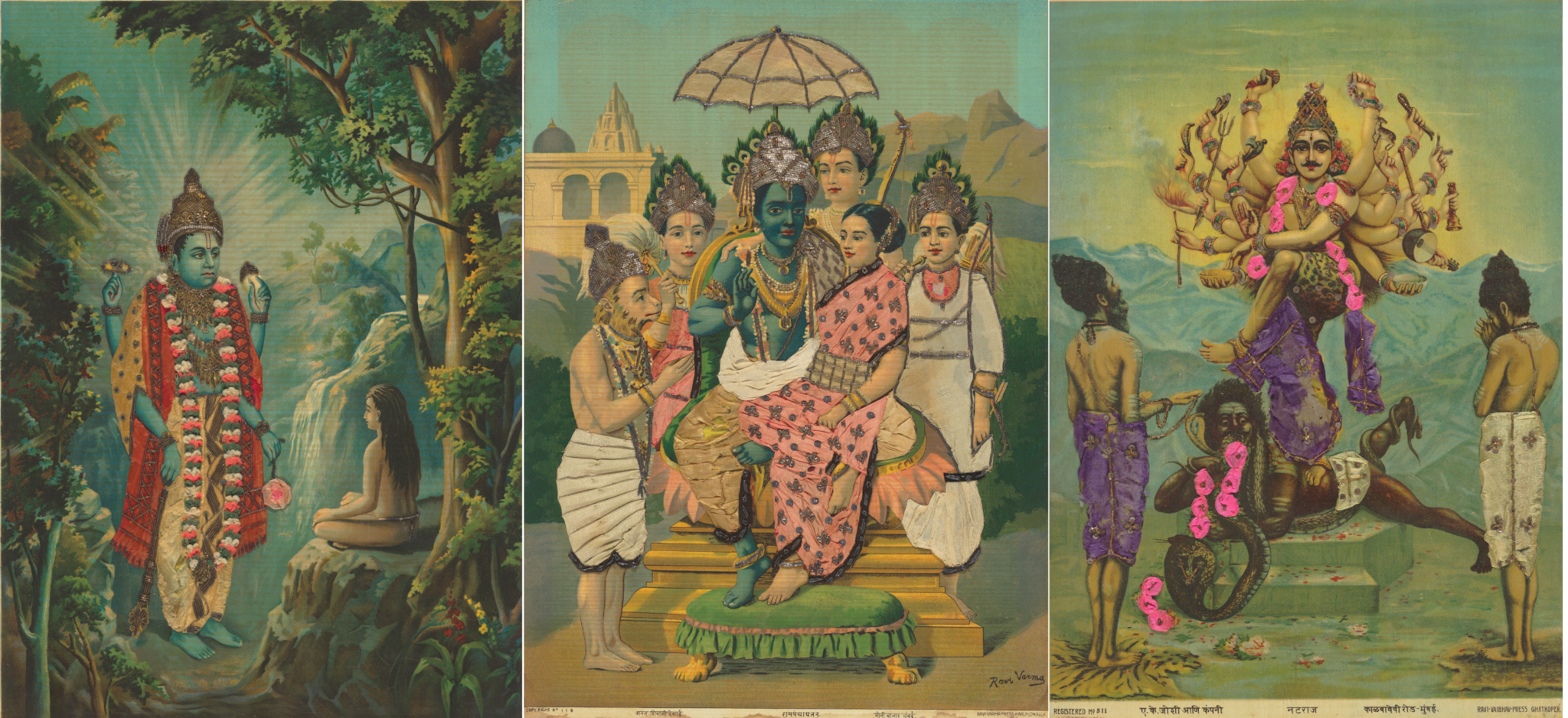 Hindu mythology was indeed a major source of inspiration for the Kerala-born artist. In this set of 48, the pantheon draws upon gods from both the north and south of India. Krishna with Rukmani and Radha occupies one frame. There's Nataraja, stepping on a fearsome demon. Vishnu appearing before the child Dhruva. In 'Rampanchapttan', Ram is surrounded by his greatest devotee Hanuman, his wife Sita and brothers Lakshman, Bharat and Shatrughan. In 'Bala Sakandha', we see the radiant child-god Kartikeya beside his peacock. (Featured here: [from left] 1. 'Dhruvnarayan', early 20th century, printed c.1910–20/ Oleograph with fabric and zardozi embroidery, before conservation treatment / 2. 'Rampanchapttan', early 20th century, printed c.1910–20 / Oleograph with fabric and zardozi embroidery, before conservation treatment / 3. 'Natraaj', early 20th century / Oleograph with fabric and zardozi embroidery, before conservation treatment / All works purchased by QAGOMA in 2024 with funds from the Henry and Amanda Bartlett Trust through the Queensland Art Gallery | Gallery of Modern Art Foundation / Collection: QAGOMA)