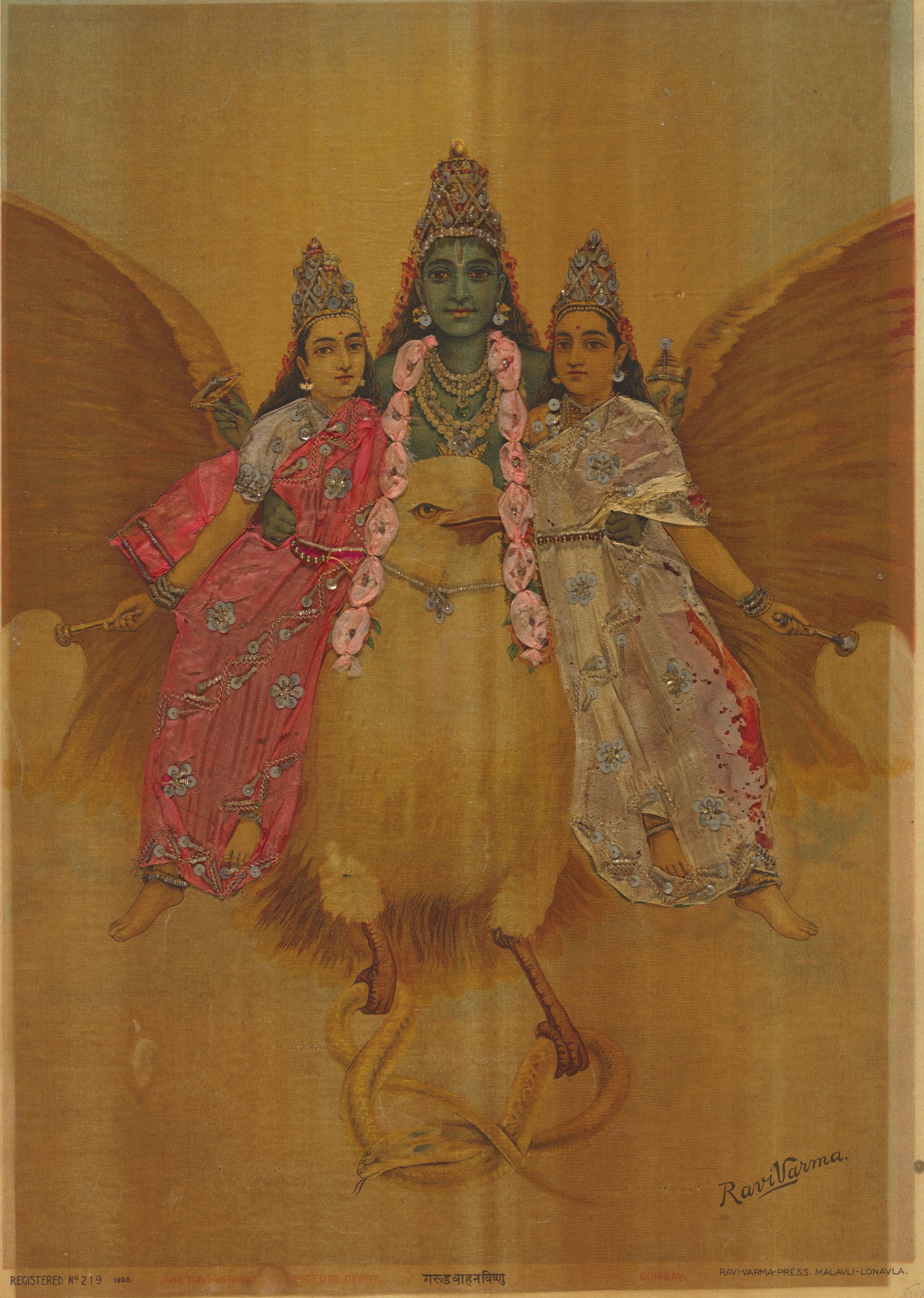 The show—curated by Abigail Bernal, associate curator of Asian art at QAGOMA—follows a conservation and research effort where staff from QAGOMA travelled to Bengaluru's MAP (Museum of Art and Photography). The work was funded by the "Maitri grant through the Australian Government and administered by the Centre for Australia-India Relations to support this world leading research and conservation project, which will include digital storytelling", QAGOMA said. (Featured here: Garud Wahan Vishnu, c.1895–99, printed c.1930 / Oleograph with fabric and zardozi embroidery, before conservation treatment / / All works purchased by QAGOMA in 2024 with funds from the Henry and Amanda Bartlett Trust through the Queensland Art Gallery | Gallery of Modern Art Foundation / Collection: QAGOMA)