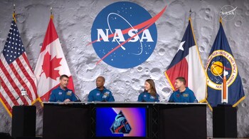 Artemis 2 astronauts (left to right) Reid Wiseman, Victor Glover, Christina Koch and Jeremy Hansen discuss their upcoming moon mission during an event at NASA's Johnson Space Center on Sept. 24, 2025. (Image: NASA TV)