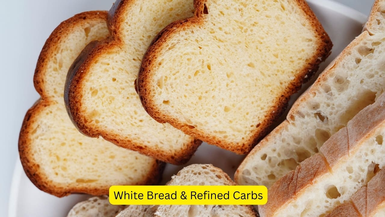 White Bread &amp; Refined Carbs When you chew white bread or refined carbs, your saliva breaks them down into simple sugars. These sticky particles can easily lodge between teeth, feeding bacteria and fuelling plaque. Over time, this can lead to cavities in hidden corners. You can replace them with whole-grain bread or multigrain crackers, which are fibre-rich, less sticky, and offer more nutrition with reduced risk of lingering between teeth. (Image: Canva)