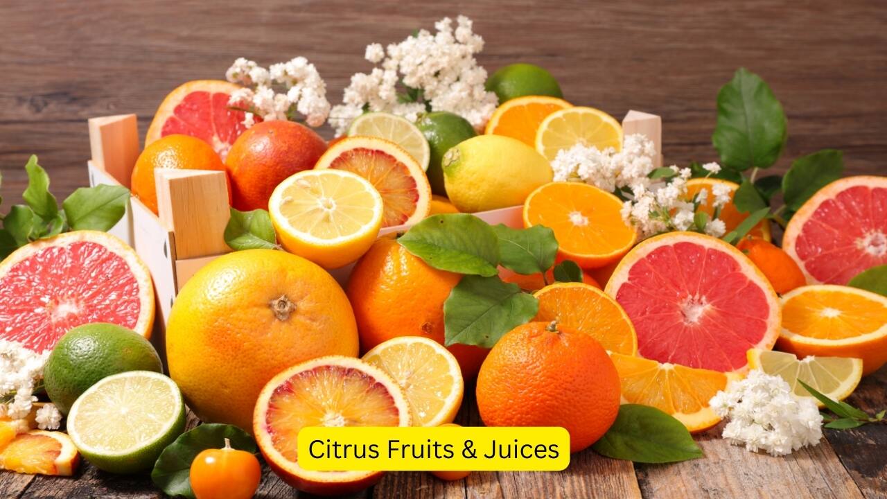 Citrus Fruits &amp; Juices Citrus fruits like oranges, lemons, and grapefruits are healthy but highly acidic. Overindulging in citrus or citrus-based juices can weaken enamel, making teeth more vulnerable to sensitivity and decay. To protect enamel and teeth, eat citrus fruits and juices in moderation and rinse your mouth with water afterwards. Pairing citrus with calcium-rich foods like yogurt helps neutralize acidity and protect enamel. (Image: Canva)