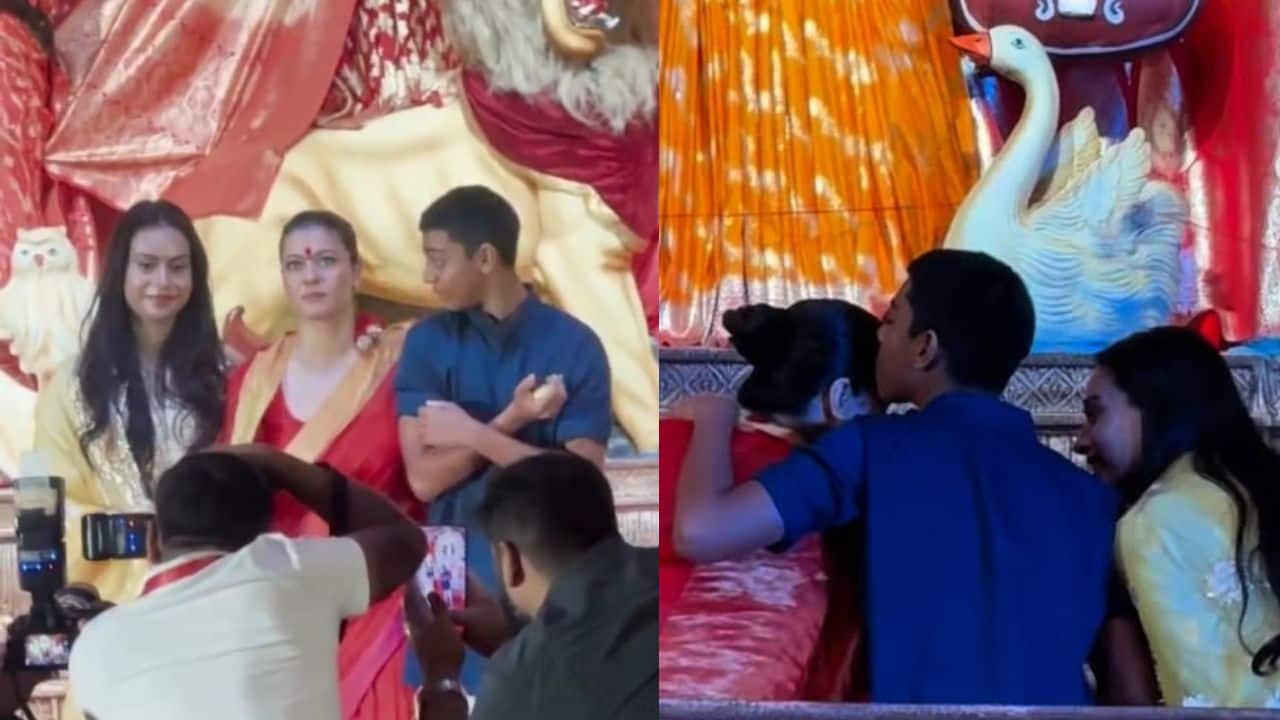 Kajol's kids Nysa and Yug bond as they offer prayers to Maa Durga on Day 1 of Durga Puja