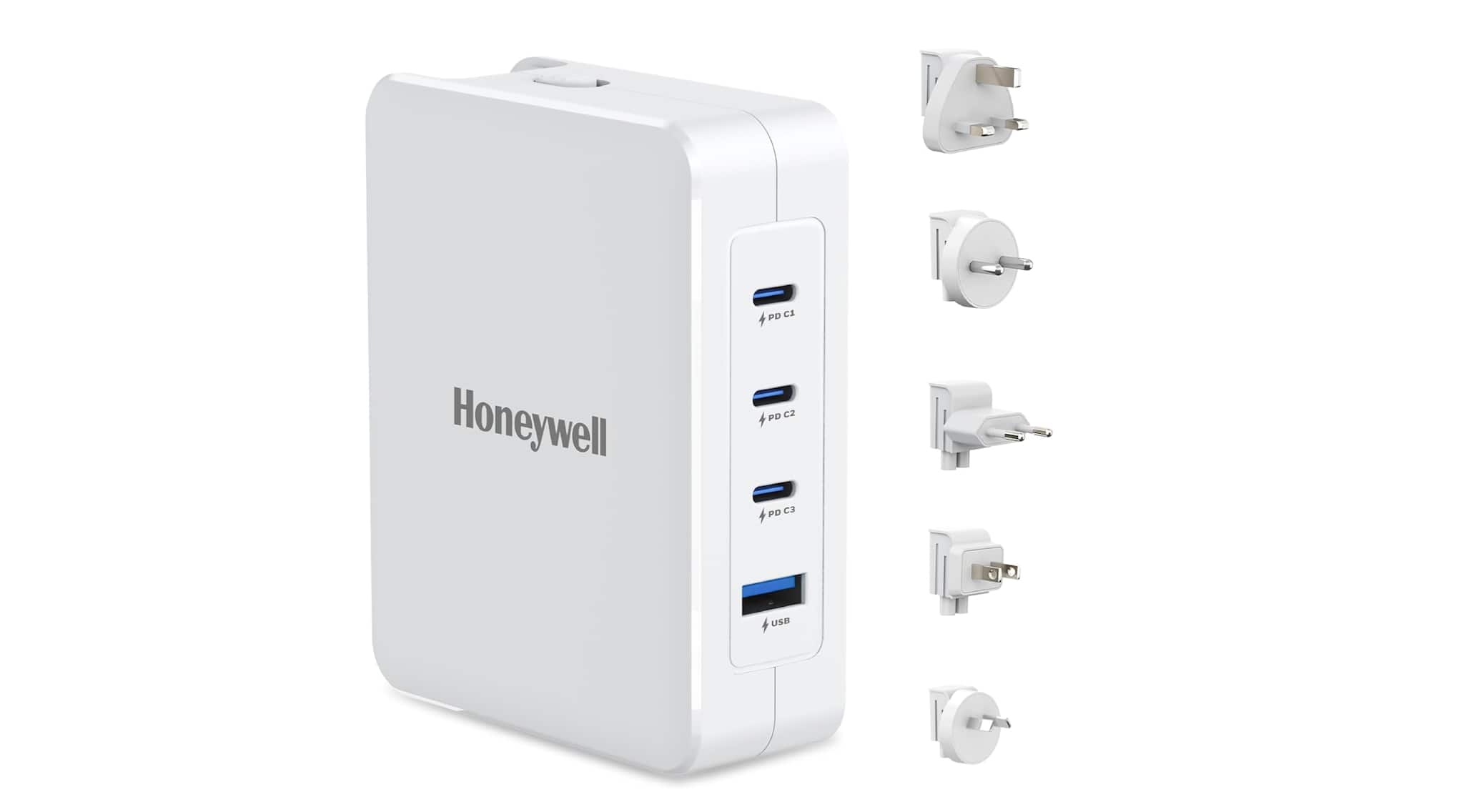 Honeywell Zest Charger GaN 100W Ultra-Fast Wall Charger Carrying multiple chargers for phones, tablets, and laptops can be cumbersome. This compact GaN charger supports ultra-fast charging across devices, featuring three Type-C PD ports and one USB-A port with global plug support.