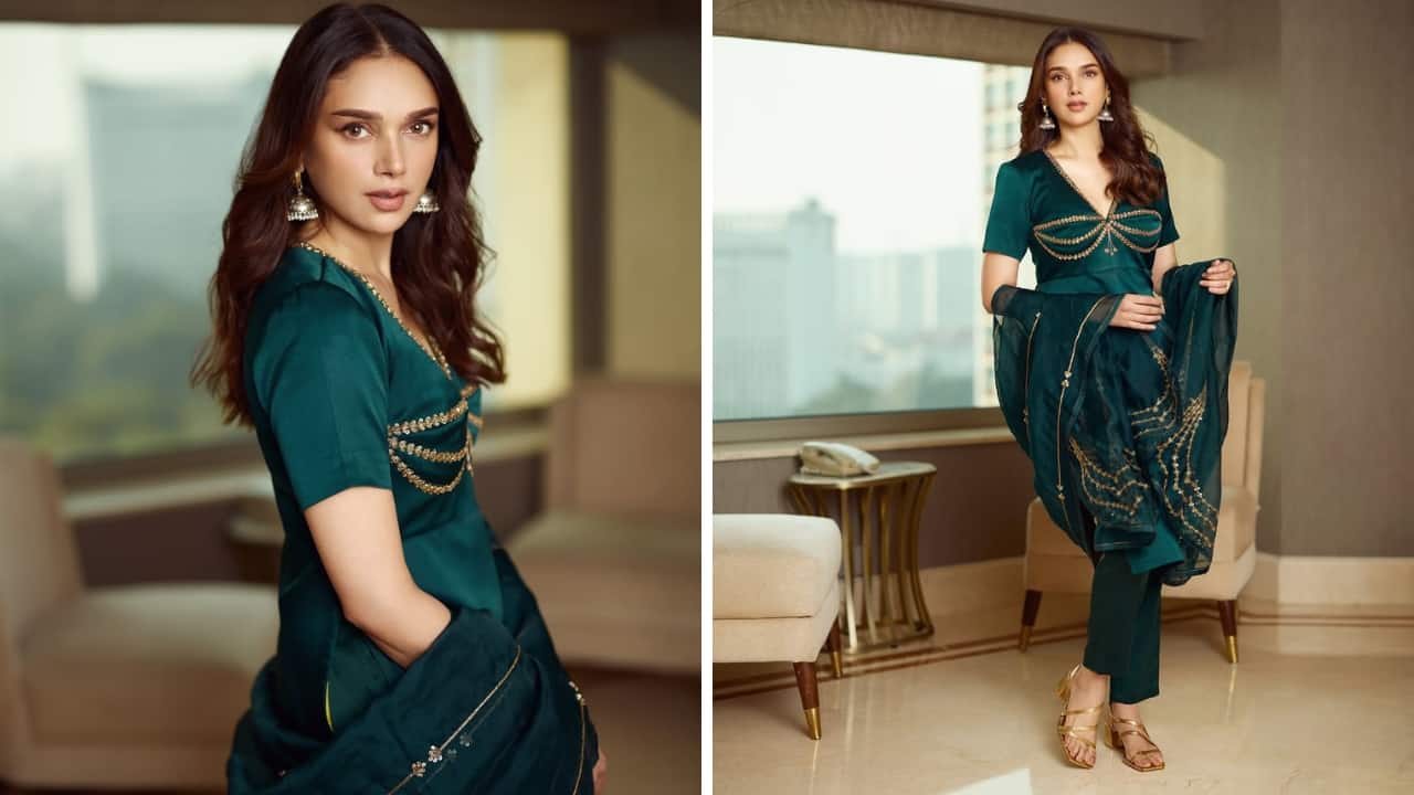 Aditi Rao Hydari Pick a suit in a rich green hue with light embroidery like Aditi Rao Hydari. The actress’s all-green ensemble is beautiful in its simplicity and can be styled easily with antique jhumkas or gold jewellery.(Image: Instagram)