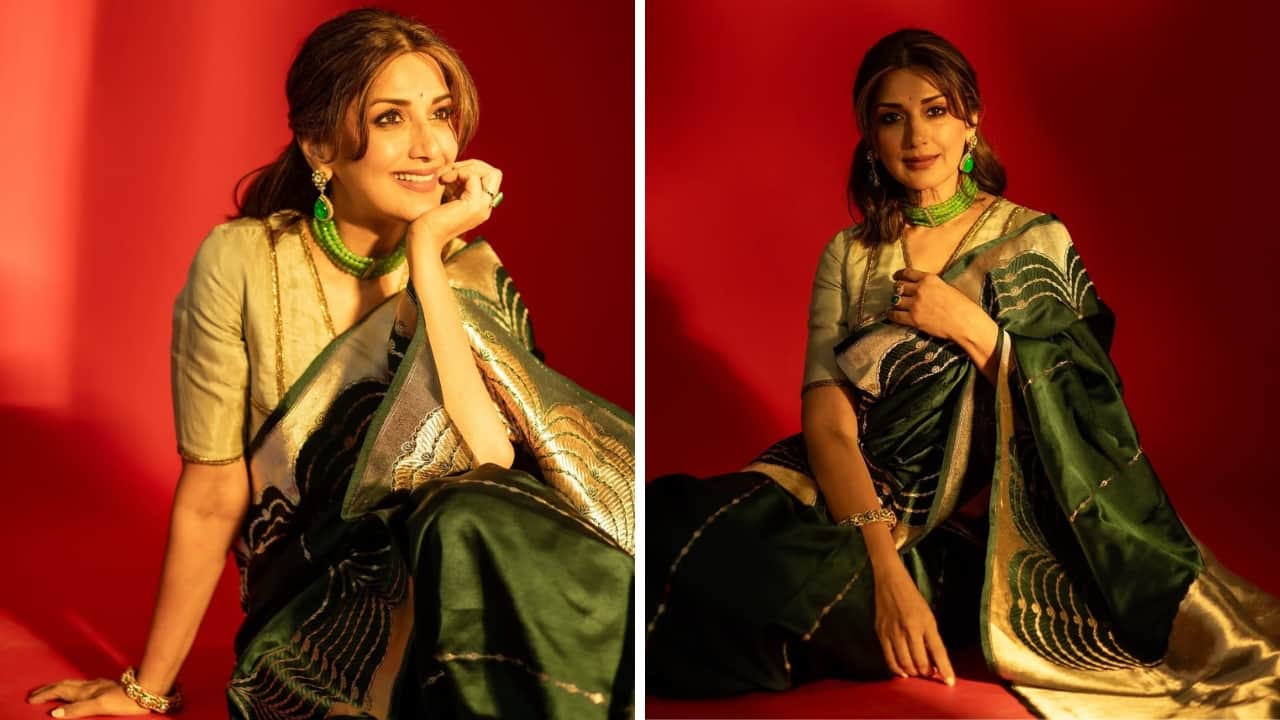 Sonali Bendre Sonali steals hearts in the green and golden drape, which looks festive with the ivory-gold blouse. She has styled it with a beaded green choker and earrings, adding to the beauty of the look.(Image: Instagram)