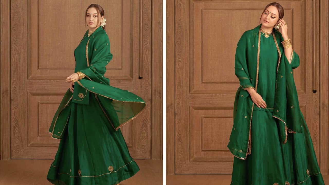 Sonakshi Sinha Look your brightest best in a peacock green sharara set. Sonakshi aces the style with a minimal short shirt, flared pants, and a matching dupatta. It’s lightly embellished, making it ideal for enjoying the festivities. Glam up with gold jewellery for a bold effect.(Image: Instagram)