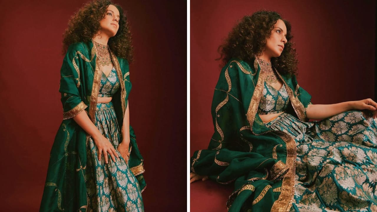 Kangana Ranaut Bring back retro charm by wearing a traditional peacock green lehenga like Kangana Ranaut. She has styled it with a breathtaking gold neckpiece with hints of emerald, giving you enough inspiration to ace your look.(Image: Instagram)