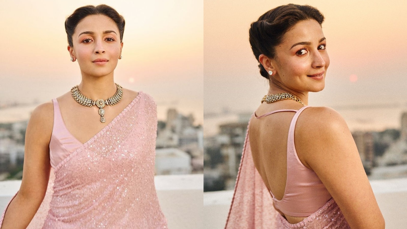 ALIA BHATT  Alia Bhatt is elegant in a pale pink sequined saree with a matching sleeveless blouse. Her hair is styled in a neat bun, and she accessorizes with a stunning oxidized silver and stone choker necklace, presenting a soft, sophisticated look.
