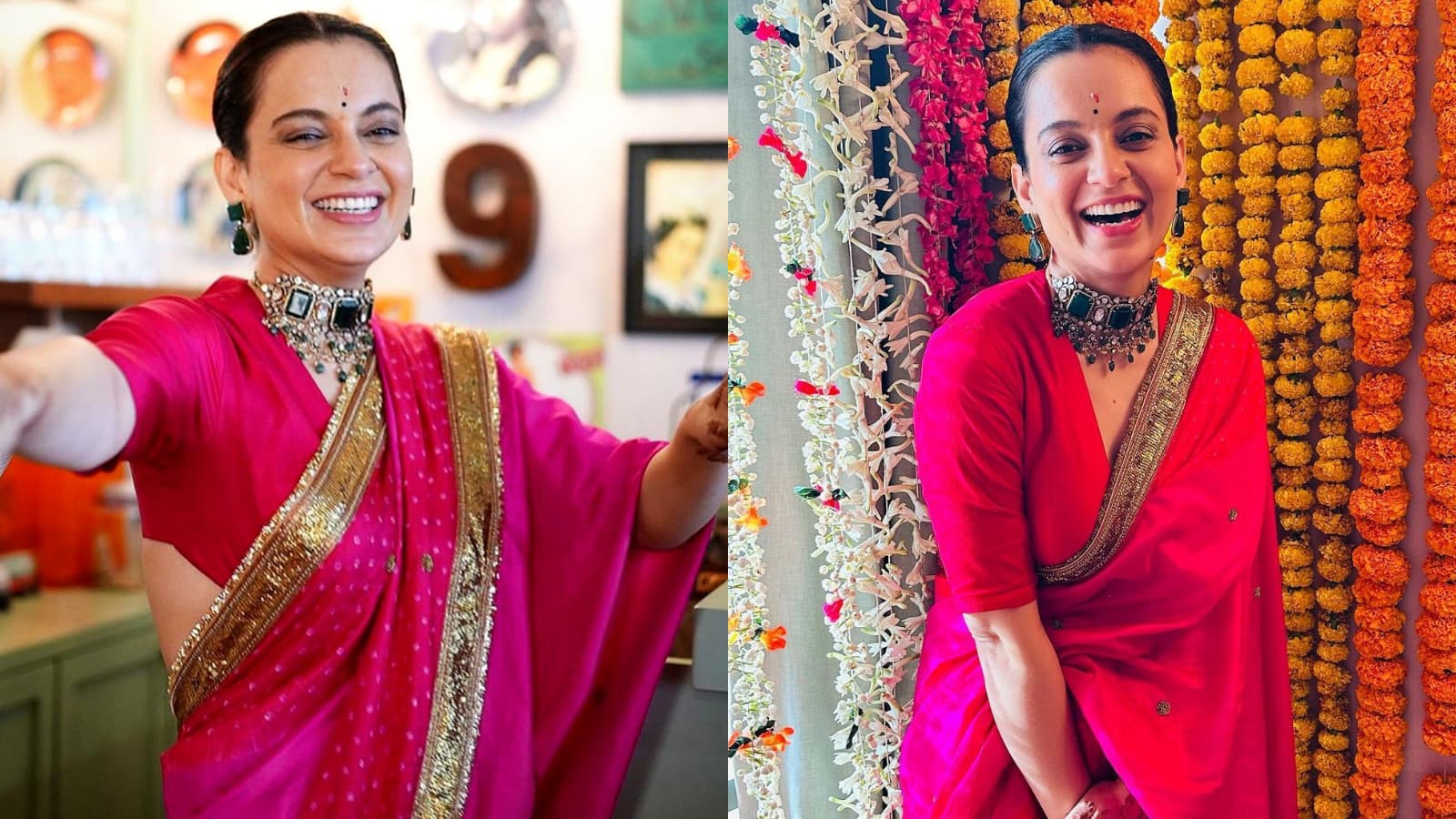 KANGANA RANAUT Kangana Ranaut beams in a vibrant Rani pink silk saree featuring a gold border. She pairs it with a simple, short-sleeved blouse and a heavy oxidized silver choker and earrings, radiating traditional charm and festive joy.