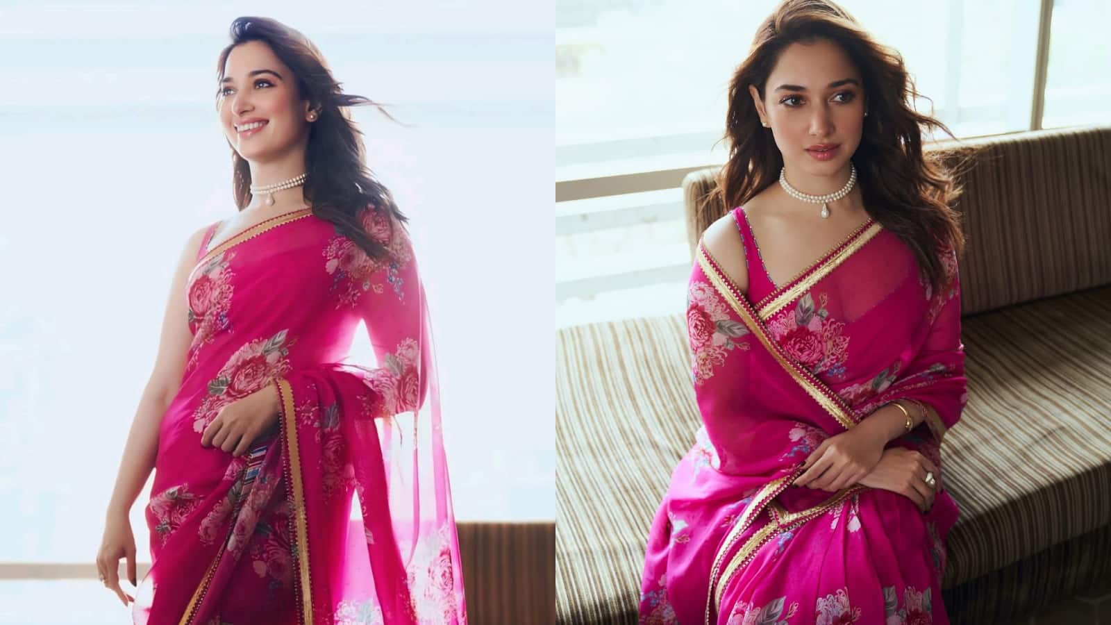 TAMMANNA BHATIA Tamannaah Bhatia is fresh in a hot pink sheer saree adorned with a delicate floral print. She opts for a simple spaghetti strap blouse and minimal jewelry, including a single pearl choker, showcasing a light, modern, and graceful style.