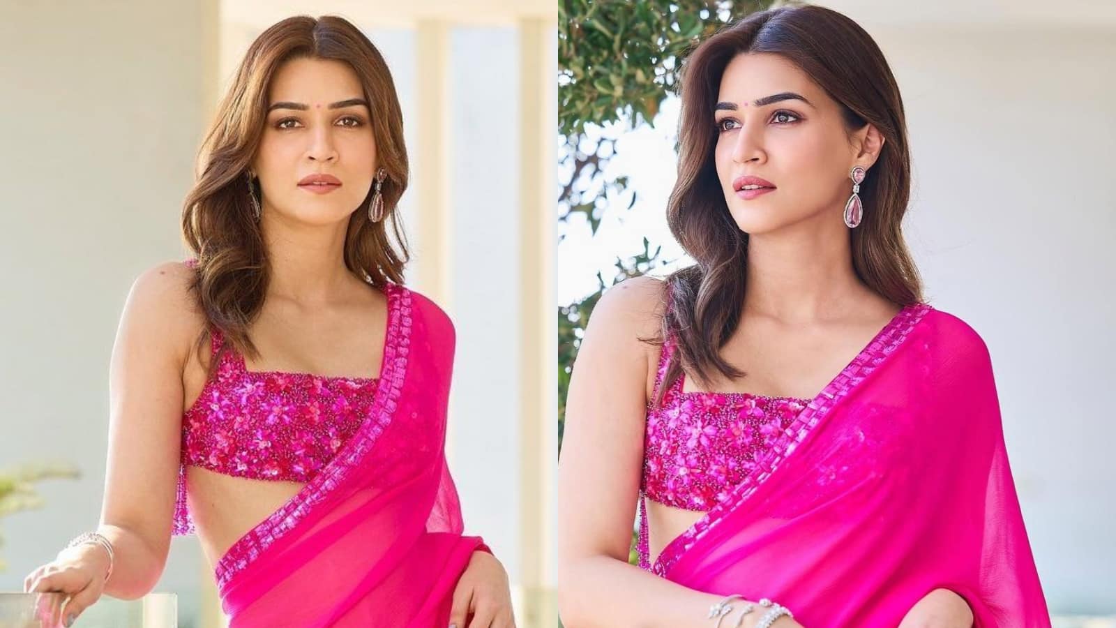 KRITI SANON Kriti Sanon is chic in a bright magenta-pink georgette saree, beautifully contrasted with a heavily embellished pink sequin blouse. Her look is modern and vibrant, complemented by soft waves and simple diamond jewelry.