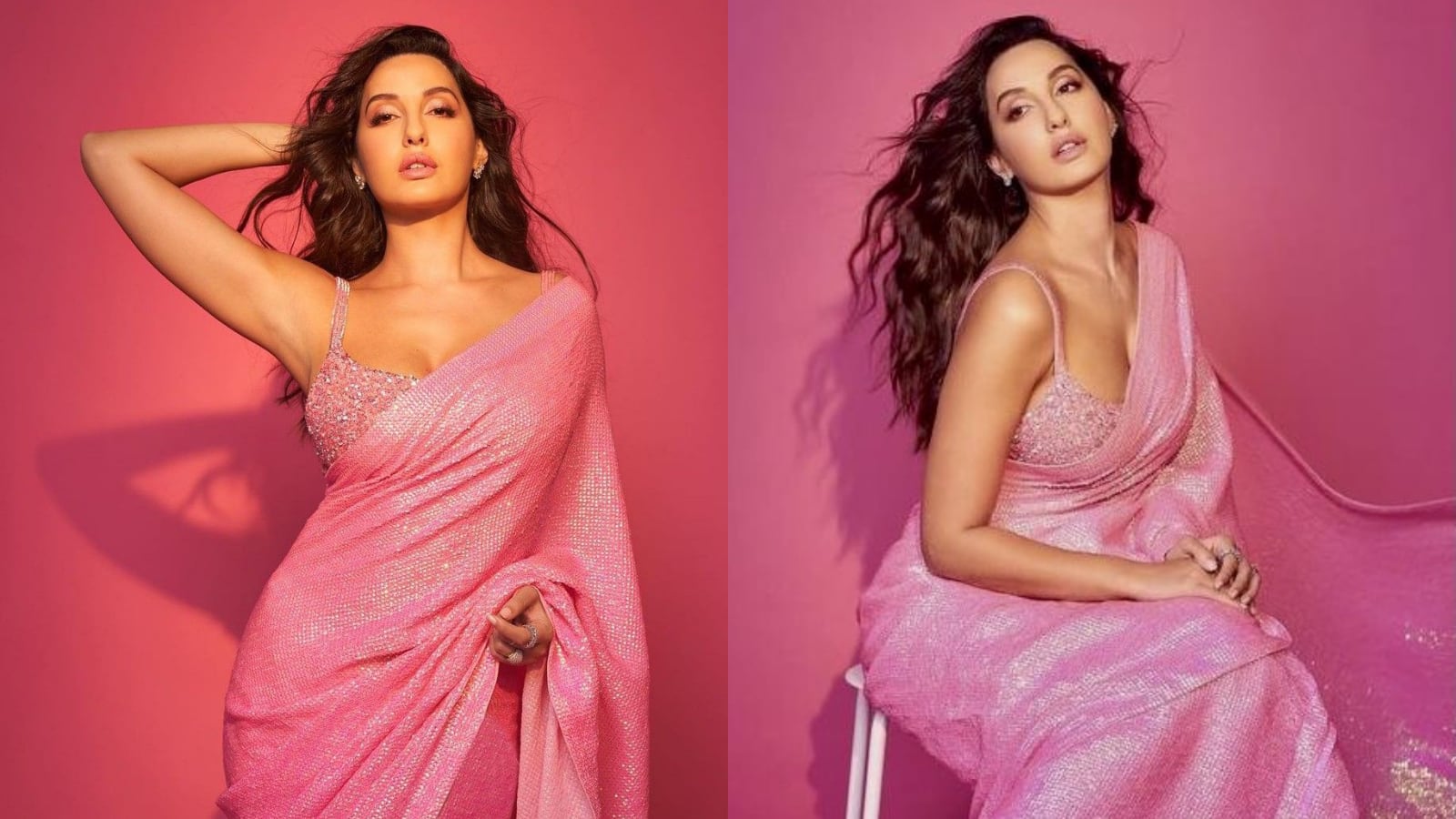 NORA FATEHI Nora Fatehi shines in a shimmering light pink sequined saree draped stylishly. She pairs it with a heavily embellished, low-cut blouse, creating a glamorous and dazzling ensemble, perfect for a high-fashion festive event.