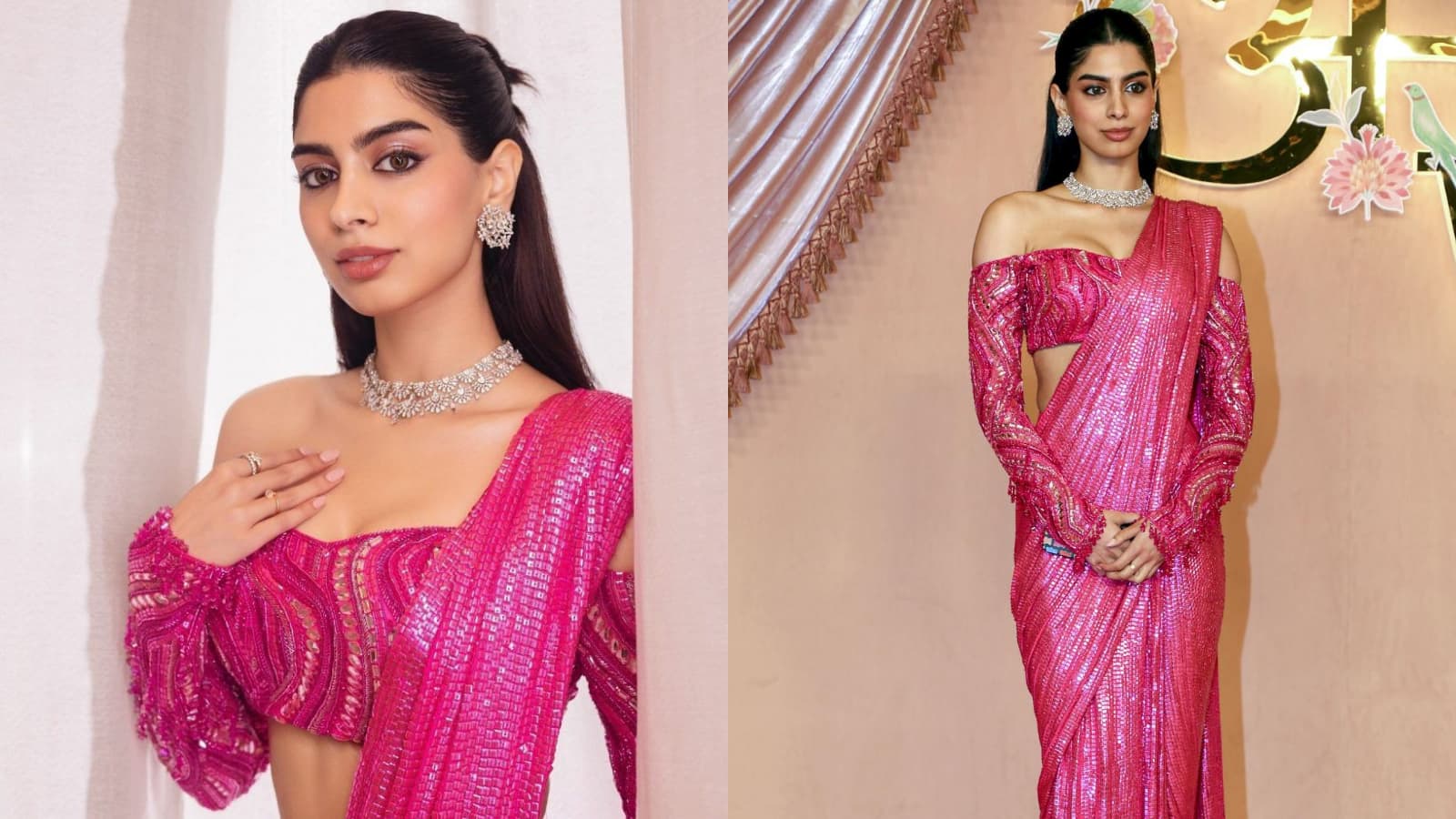 KHUSHI KAPOOR Khushi Kapoor sports a dazzling, hot pink sequined saree paired with a matching off-shoulder blouse with long, puff sleeves. Her ensemble is bold and contemporary, completed with a diamond choker and chandelier earrings.