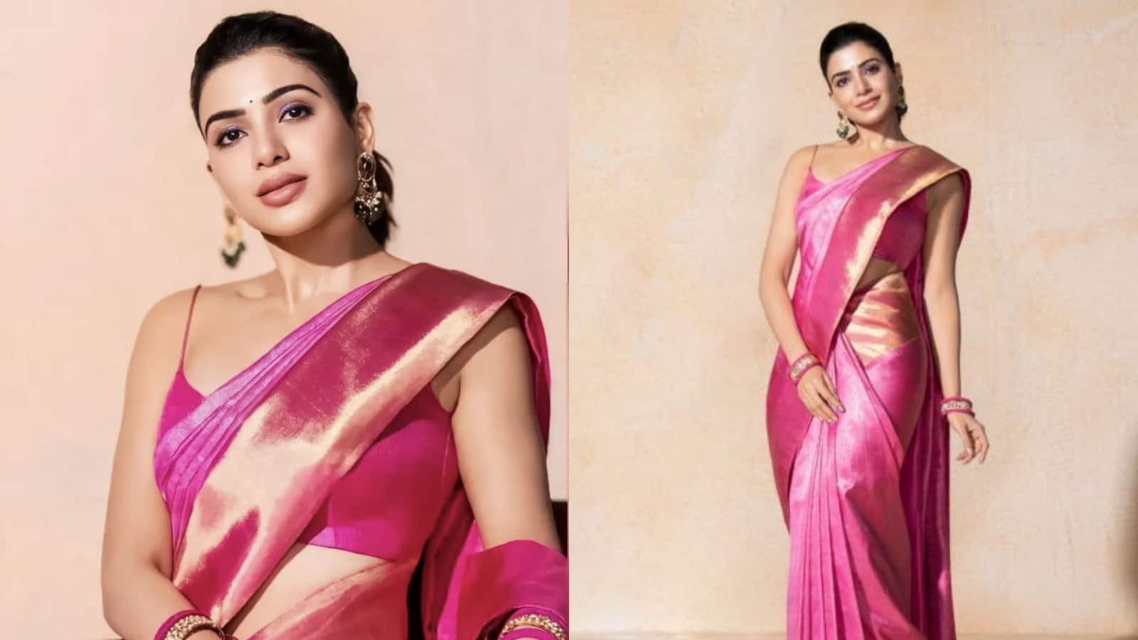 SAMANTHA RUTH PRABHU Samantha is striking in a rich fuchsia-pink silk saree with a broad gold border, styled with a simple spaghetti strap blouse. Her clean updo and traditional jewelry highlight the rich color and fabric for a powerful, festive look.