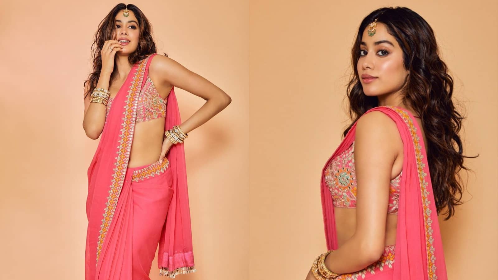 JANHVI KAPOOR Janhvi Kapoor is lovely in a soft, bright pink plain saree with an embroidered border. She pairs it with a multi-colored floral embroidered blouse, wearing traditional gold bangles and a maang tikka for a beautiful, classic Indian festive appearance.