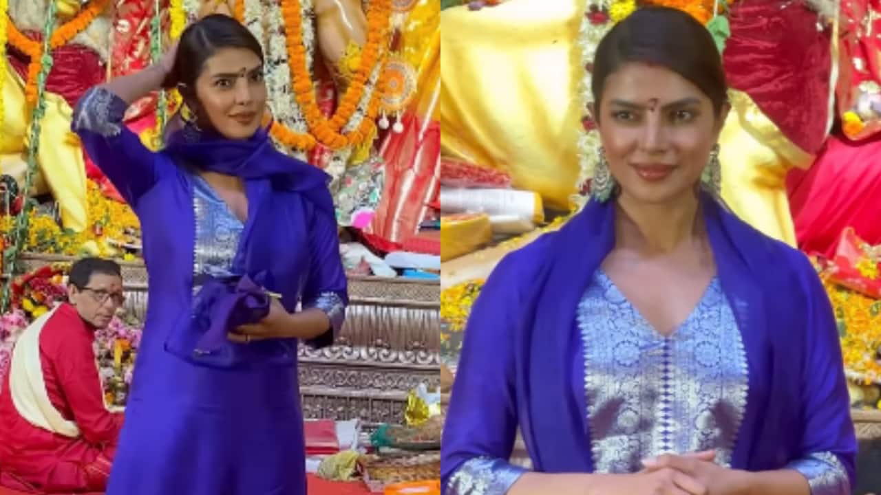 Priyanka Chopra keeps it simple in a blue suit as she offers prayers at Durga Puja Pandal