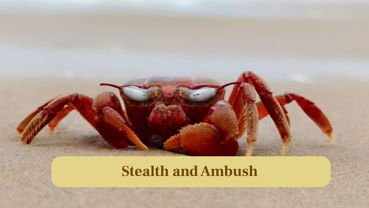 4. Stealth and Ambush: Octopuses excel at ambush through hiding and color changes, while crabs tend to hide under rocks but lack subtle stealth. (Image: Canva)