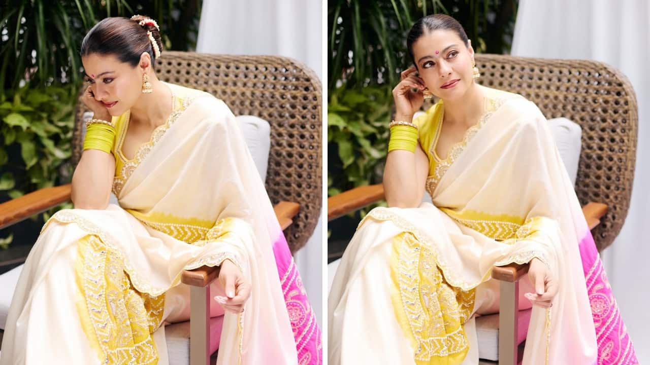 Colourful Bangles No festive look is complete without bangles. They elevate the outfit by adding a pop of colour and festive charm. Kajol looks elegant in a timeless white saree blended with sunshine yellow and vibrant pink. Her yellow bangles are beautifully matched with the blouse.(Image: Instagram)