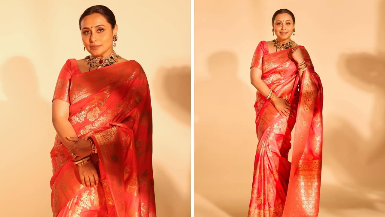 Multi-coloured Choker If you are planning to wear something similar to Rani Mukerji’s traditional fiery bright drape, opt for a multi-hued choker like hers. It adds glamour to the look along with polki earrings. Her Bengali red and white bangles perfectly capture the Durga Puja spirit.(Image: Instagram)