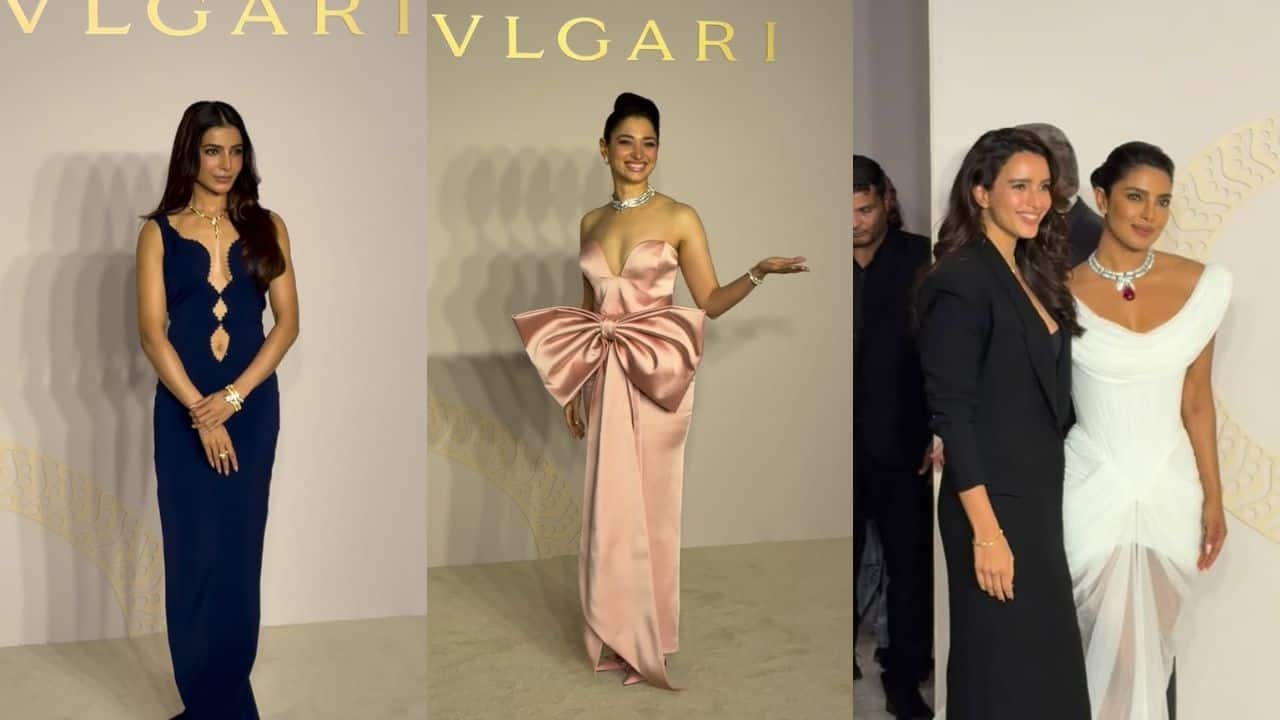 Tamannaah Bhatia channels her inner Audrey Hepburn in a blush pink satin dress at Bvlgari Mumbai event: Watch