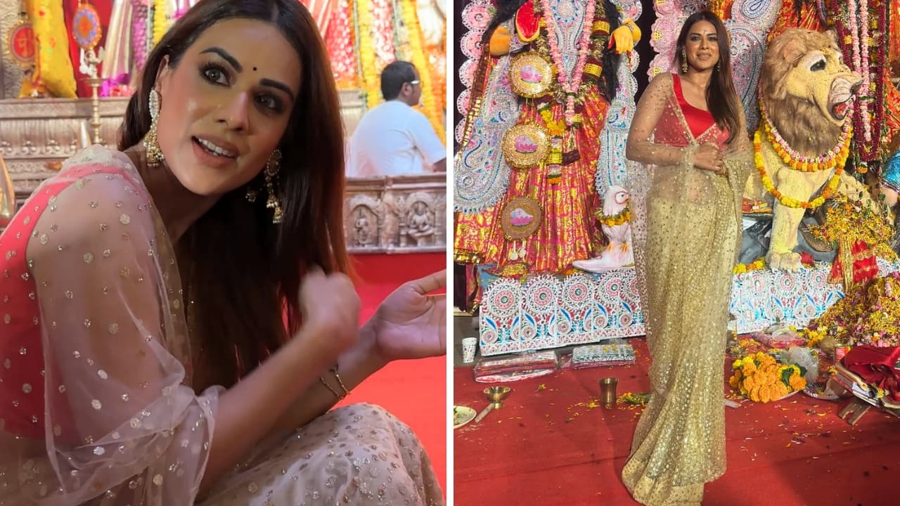 Nia Sharma Nia Sharma was also spotted at a pandal looking elegant in a neutral-shaded embellished saree that she teamed with a festive red blouse. Her look was well accessorised with a pair of statement danglers and a bracelet.(Image: Instagram)