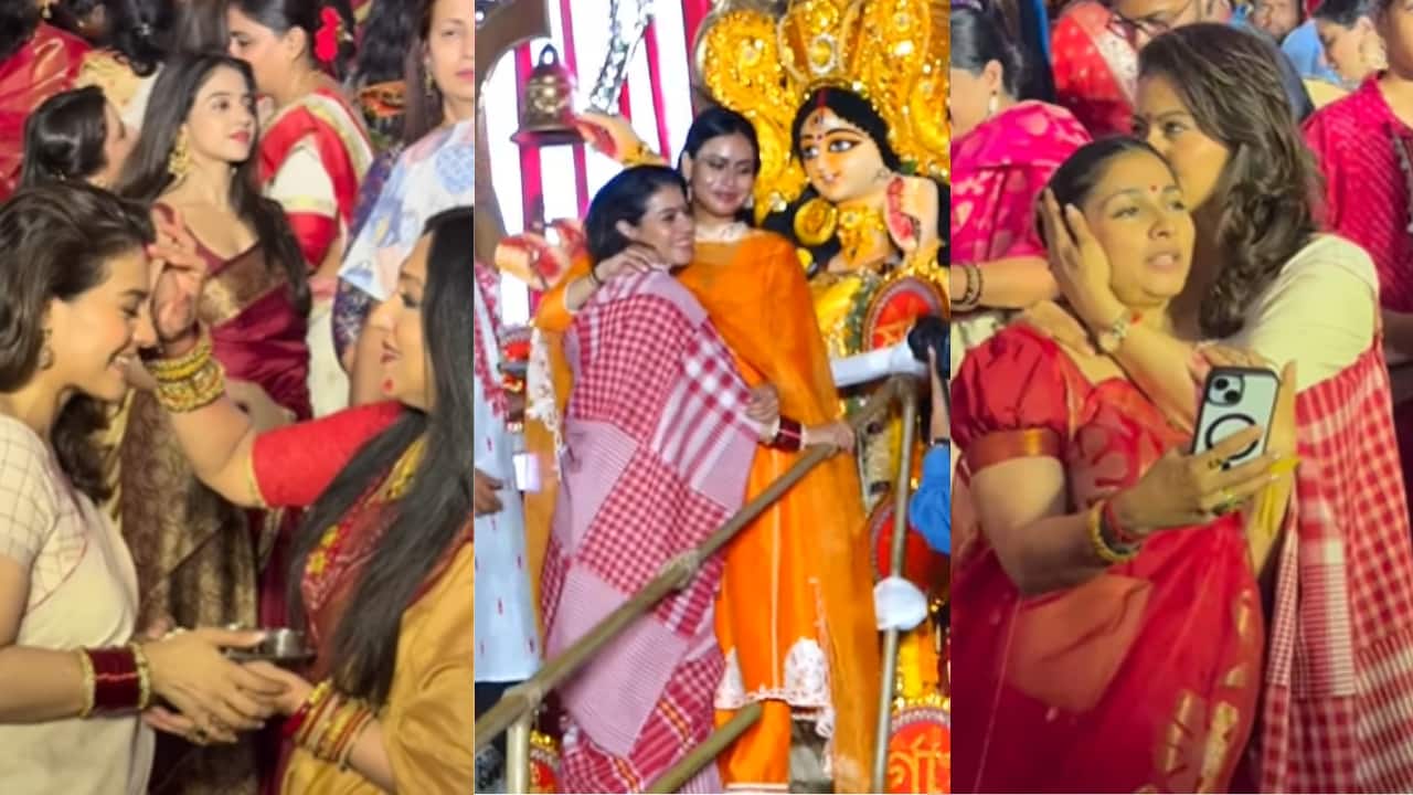 Kajol celebrates Dussehra with Sindoor Khela at North Bombay Pandal, performs rituals with daughter Nysa